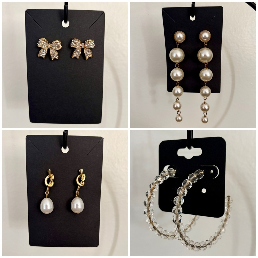 Crystal & Pearl Formal Earrings Set - Bow, Drop, Knot, and Crystal Hoop
